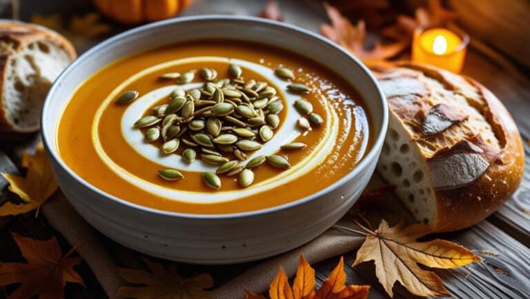 A steaming bowl of butternut squash soup garnished with cream and pumpkin seeds, surrounded by autumn leaves and bread on the side.