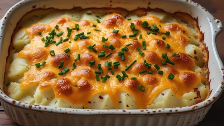 A bubbling potato casserole in a white baking dish, topped with golden melted cheese and sprinkled with chives.