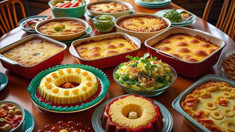 A retro 1970s style potluck spread: casseroles in Pyrex dishes, Jell-O molds, and a bundt cake, all on a wood-paneled background.