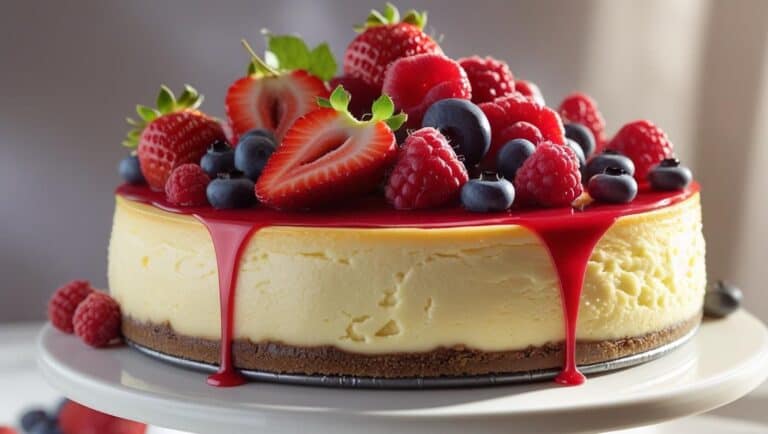 A classic New York cheesecake topped with fresh berries and glossy glaze on a white cake stand.