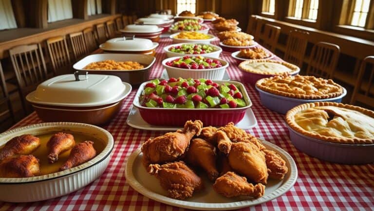 A long church hall table covered with vintage casserole dishes, platters of fried chicken, Jell-O salads, and pies. Add a gingham or floral tablecloth for nostalgic charm.