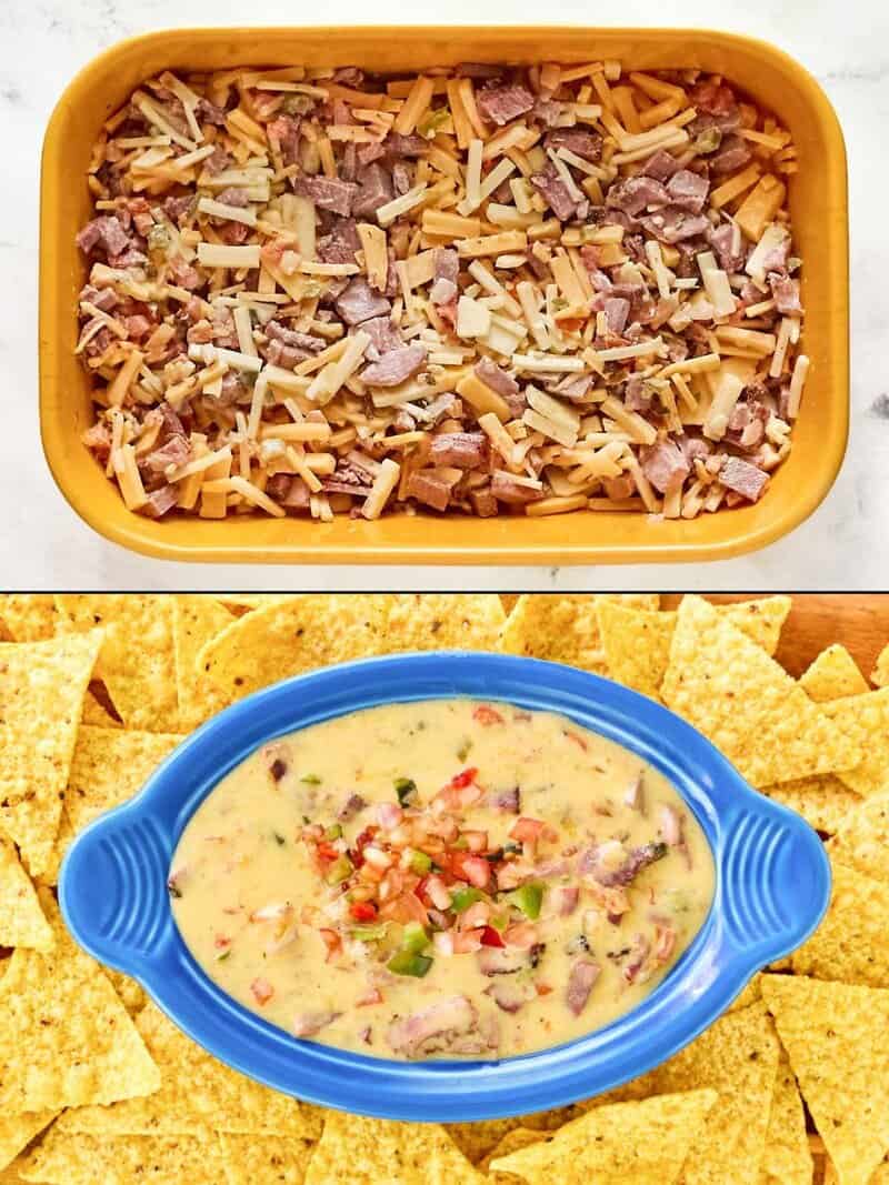 A two-panel collage showing HEB brisket queso before and after baking. The top panel shows the unbaked ingredients mixed in a yellow dish. The bottom panel shows the final, melted queso in a blue bowl, garnished and surrounded by tortilla chips.
