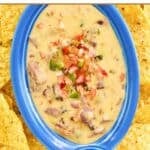 Homemade HEB tex-mex brisket queso dip garnished with pico de gallo.