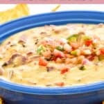 Homemade HEB brisket queso dip in a ceramic dish.