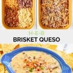 Copycat HEB Tex-Mex brisket queso ingredients and the dip with chips.