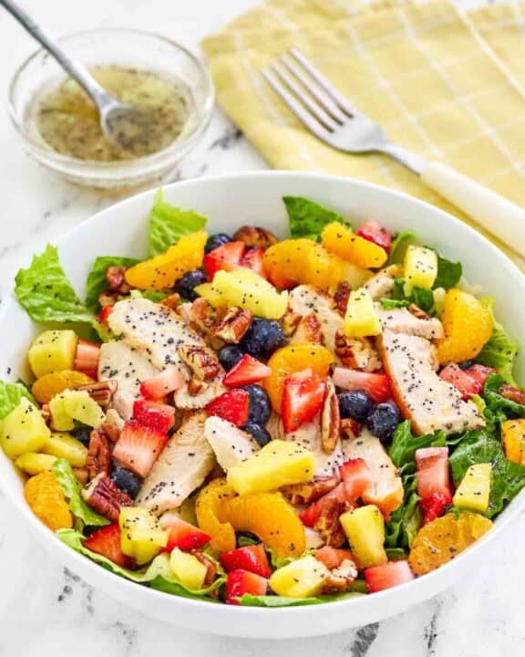 Copycat Panera strawberry poppyseed chicken salad and a fork on a napkin.