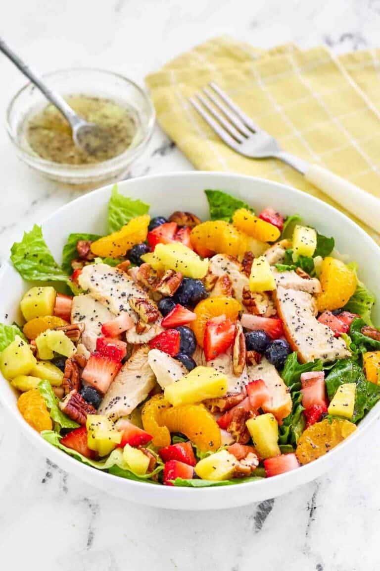 Copycat Panera strawberry poppyseed chicken salad and a fork on a napkin.