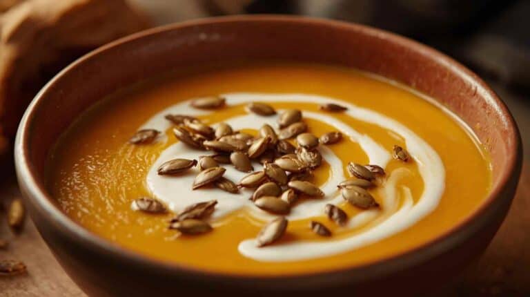 A rustic bowl of creamy butternut squash soup topped with a swirl of cream and toasted pumpkin seeds.