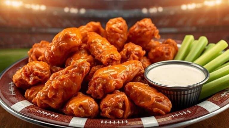 A football-themed platter of spicy Buffalo wings with celery sticks and ranch dip.
