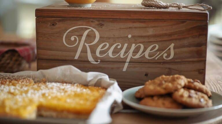 A handwritten recipe card beside a pan of lemon bars and a plate of oatmeal cookies.