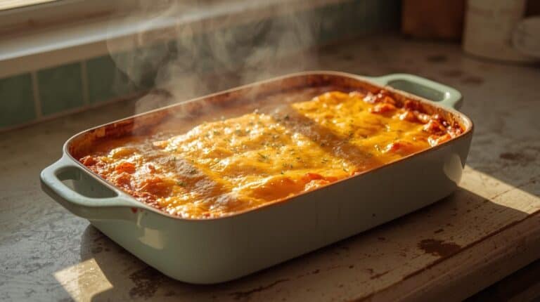 A bubbling casserole dish fresh out of the oven, topped with golden cheese, on a kitchen table with salad and bread.