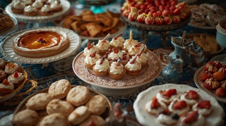 A vibrant, overhead shot of a potluck dessert table laden with a variety of homemade pies, elaborately decorated cakes, and assorted cookies. These delectable treats are artfully arranged on elegant, vintage serving platters, with shallow depth of field creating a soft, inviting focus on the food. The lighting is warm and inviting, highlighting the rich colors and textures of the desserts, evoking a sense of abundance and shared enjoyment.