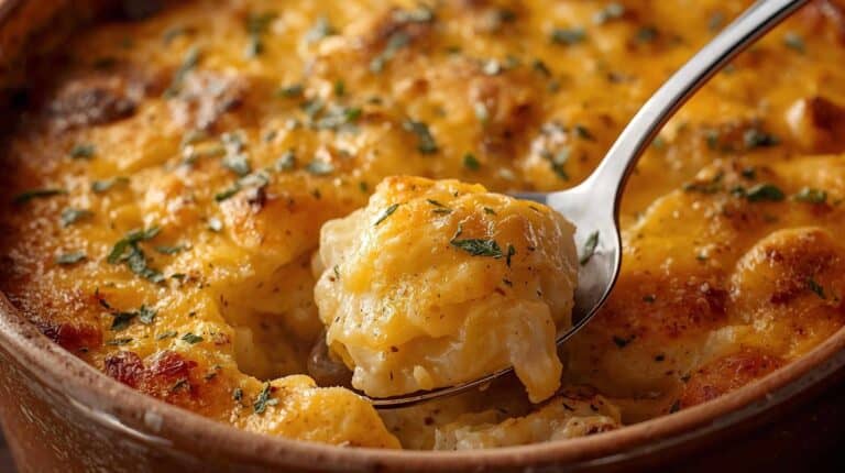 A golden, bubbling potato casserole in a rustic baking dish with a serving spoon.