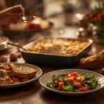 A rustic dinner table with a casserole dish, side salad, and bread served family-style.