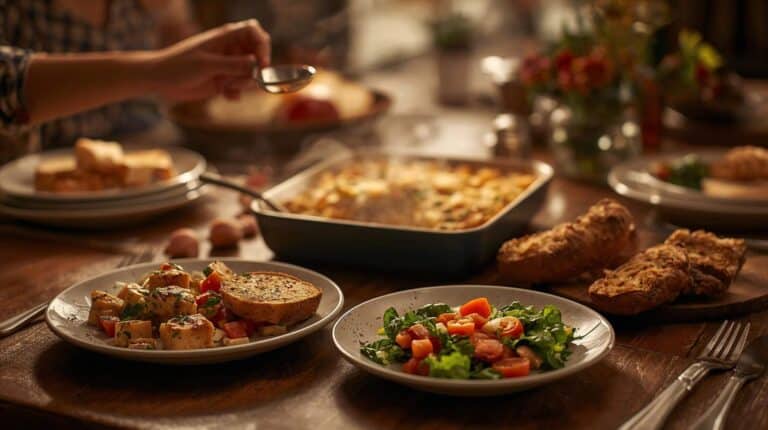 A rustic dinner table with a casserole dish, side salad, and bread served family-style.