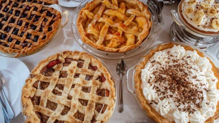 A beautifully arranged dessert table showcasing a classic cherry pie with a golden lattice crust, a rustic apple pie with a flaky pastry, a vibrant peach pie bursting with fruit, and a smooth banana cream pie topped with whipped cream and chocolate shavings. The table is set with elegant serving utensils and a warm, inviting ambiance, captured in a medium shot, emphasizing the delicious textures and colors of the pies.