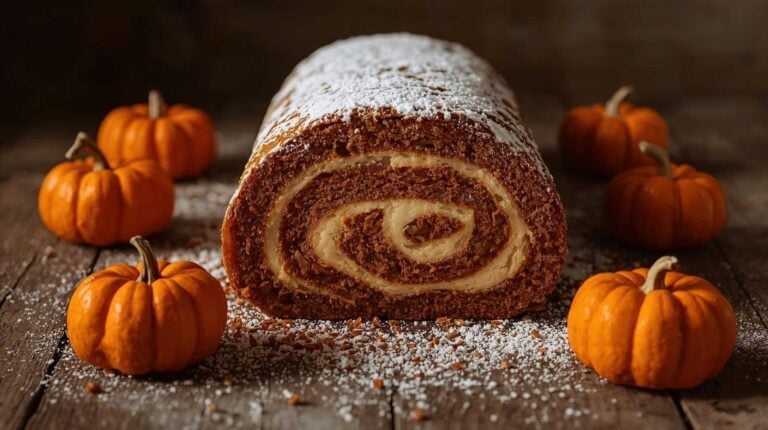 A rustic wooden table topped with a pumpkin roll cake dusted with powdered sugar and surrounded by mini pumpkins.