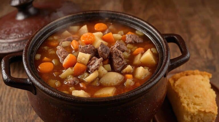 A large potluck pot of vegetable beef soup served with cornbread on the side.