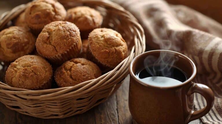 A rustic basket of freshly baked apple muffins with a steaming cup of coffee beside them.