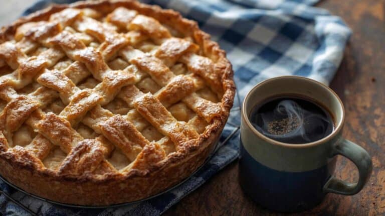 A lattice-topped apple pie cooling on a checkered cloth beside a cup of coffee.