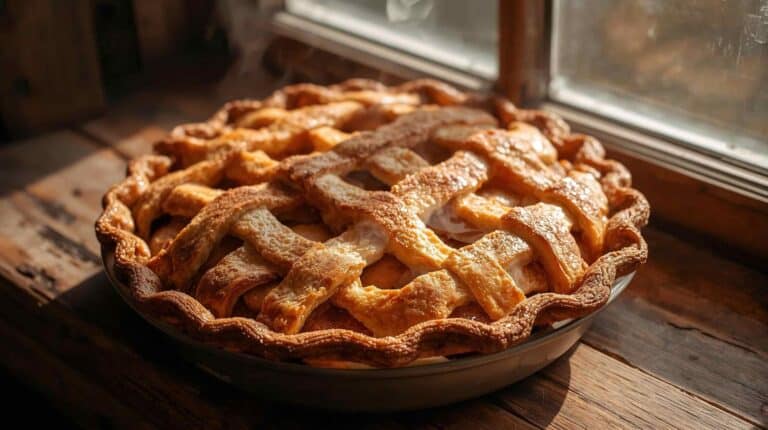 A lattice-topped apple pie cooling on a windowsill with steam rising from it.