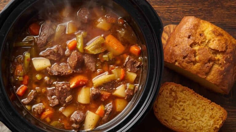 A potluck crockpot filled with vegetable beef soup alongside slices of cornbread.