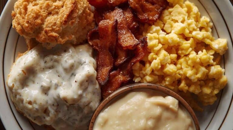 A hearty Southern breakfast plate with biscuits, gravy, scrambled eggs, bacon, and grits.