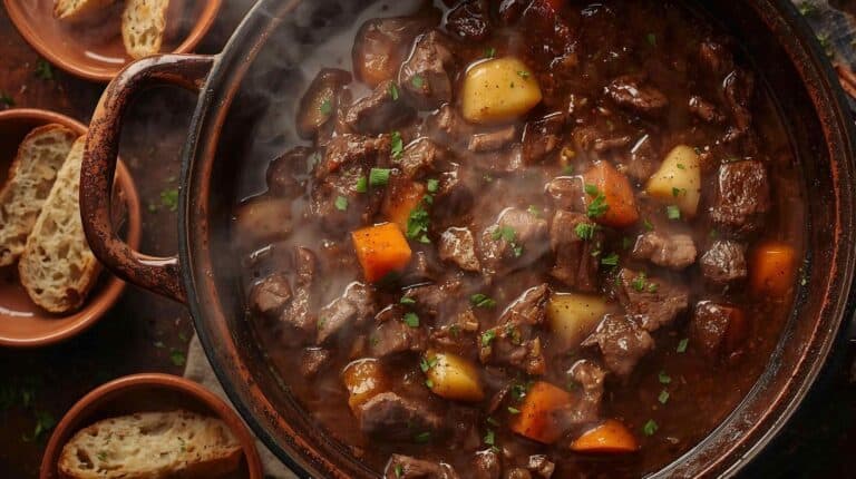 A rustic Dutch oven filled with beef stew, surrounded by bowls of crusty bread and fresh herbs.