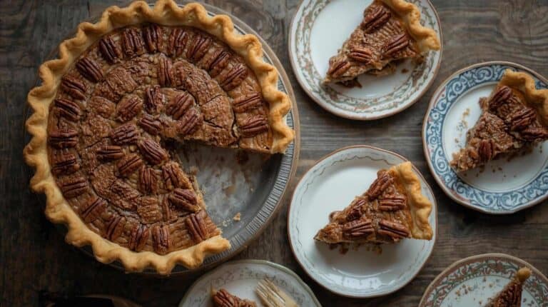 A pecan pie on a rustic wooden table, with slices served on mismatched vintage plates.