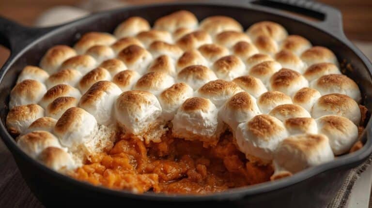 A cast iron skillet filled with sweet potato casserole topped with toasted marshmallows.