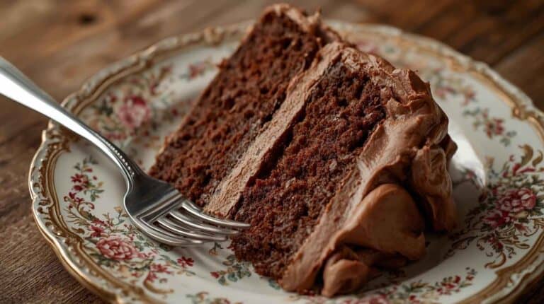 A slice of homemade chocolate layer cake with frosting, served on a floral vintage plate with a fork beside it.