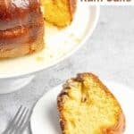 A slice of Bacardi rum cake next to the cake.