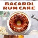 Homemade Bacardi rum cake ingredients, the cake, and a slice.