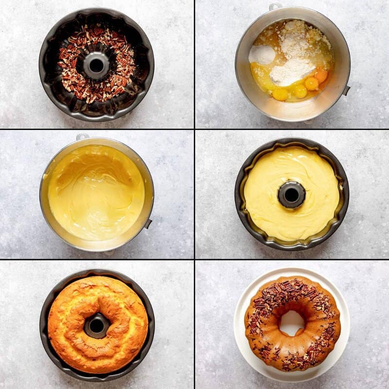 A 6-panel collage showing how to make a rum cake: adding pecans to a pan, mixing batter, baking, and inverting the cake.