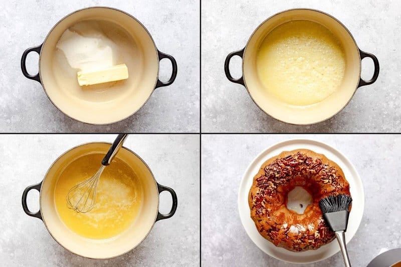 A 4-panel collage shows the steps for making the rum glaze: melting butter and sugar, whisking, and brushing it on the cake.