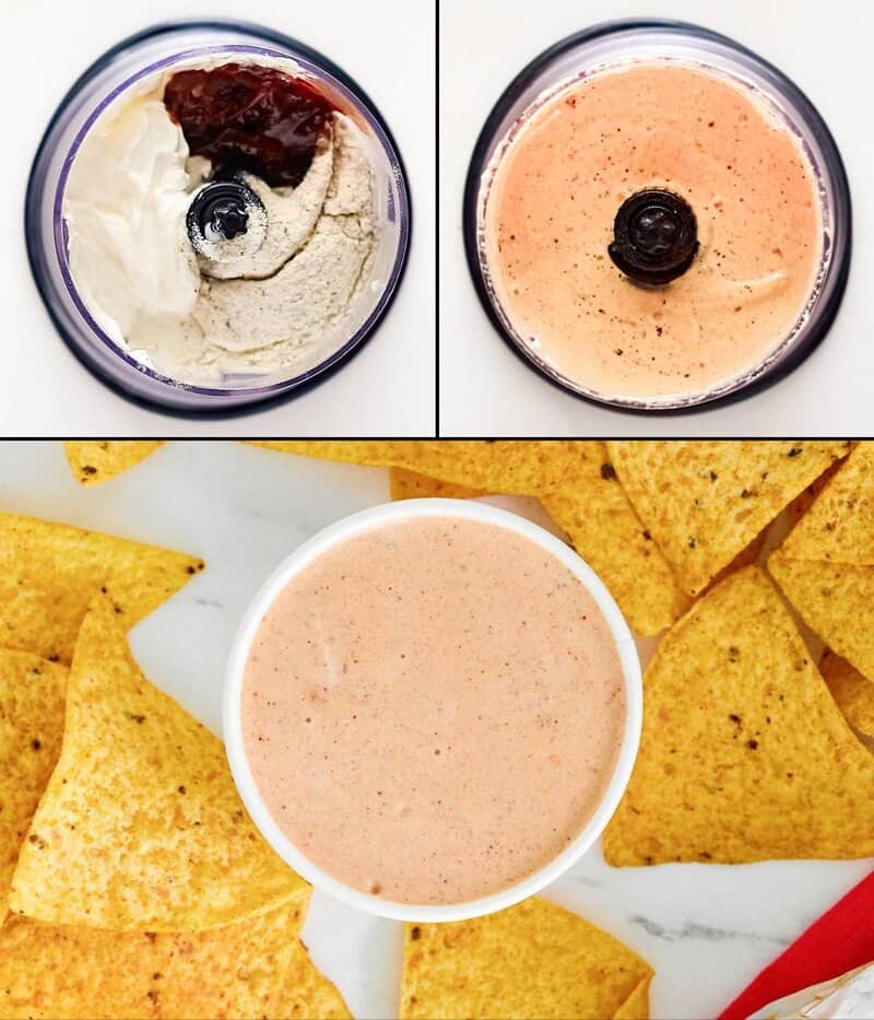 A three-panel collage showing how to make chipotle adobo ranch. The top two panels show the ingredients in a blender before and after being blended until smooth. The bottom panel shows the finished dip in a bowl surrounded by tortilla chips.