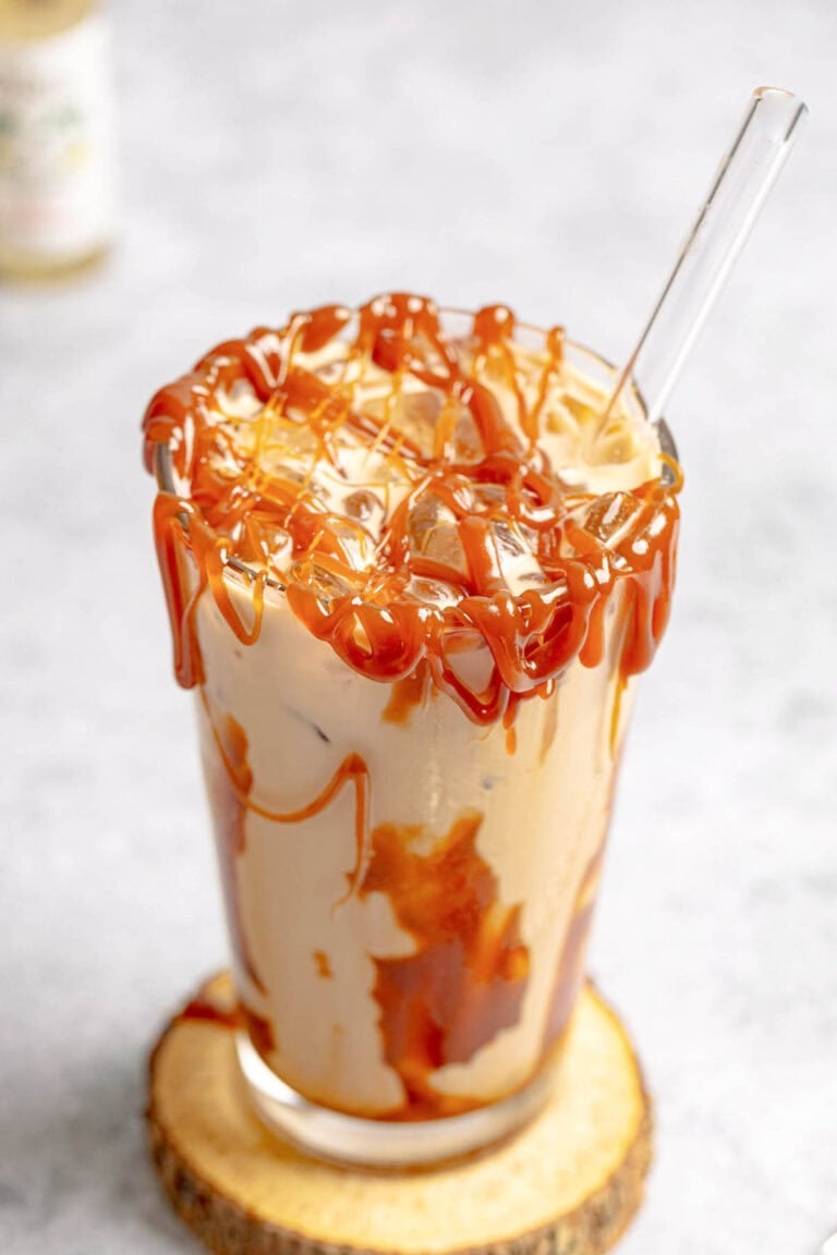 Copycat Dutch Bros iced golden eagle drink on a coaster.