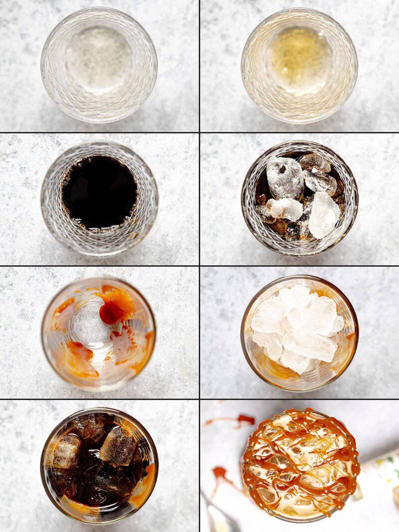 Collage shows steps to make a Golden Eagle: adding syrups, coffee, and ice to a glass before topping with caramel drizzle.