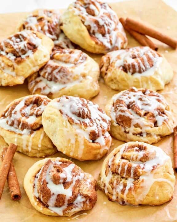 Copycat IKEA cinnamon rolls on parchment paper.