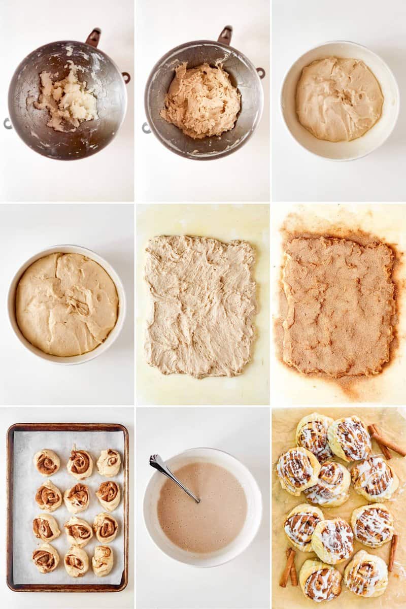 A 9-panel collage shows how to make cinnamon rolls: mixing and rising dough, filling, slicing, baking, and icing the rolls.