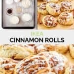 Copycat IKEA cinnamon rolls ingredients and the rolls on parchment paper.