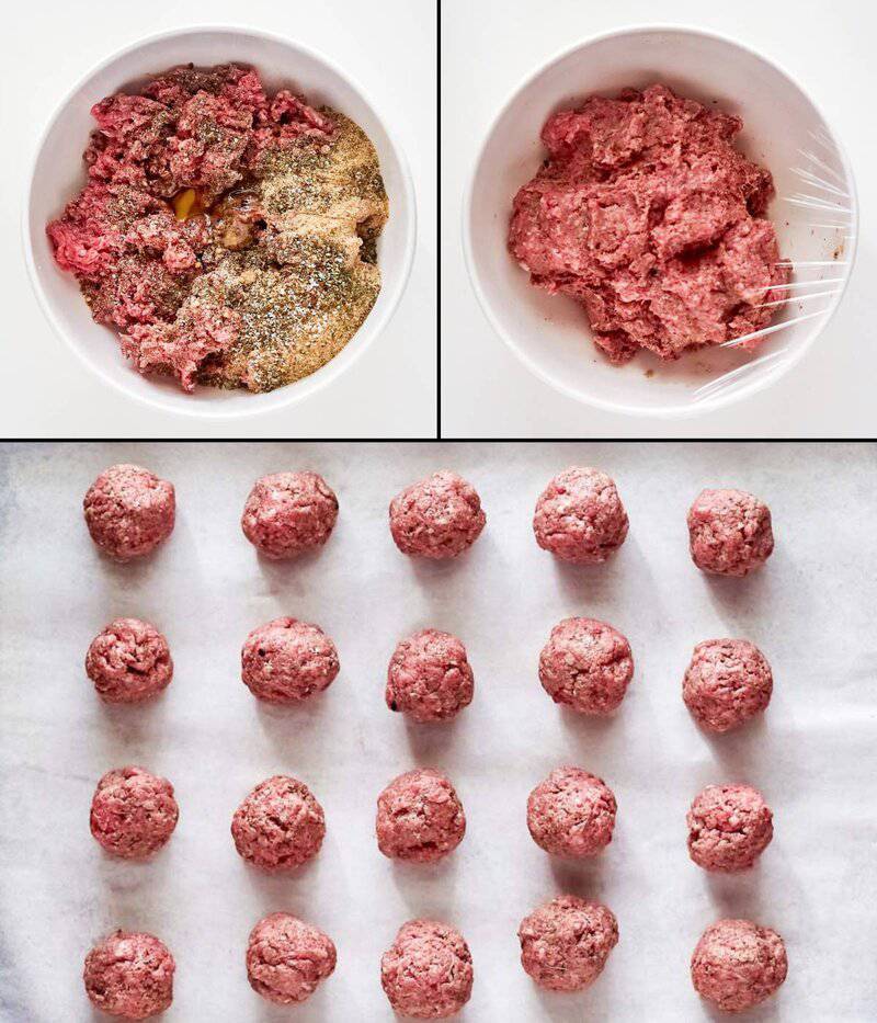  3-panel collage shows making meatballs: mixing ground meat with seasonings, then forming the mixture into balls on a sheet.