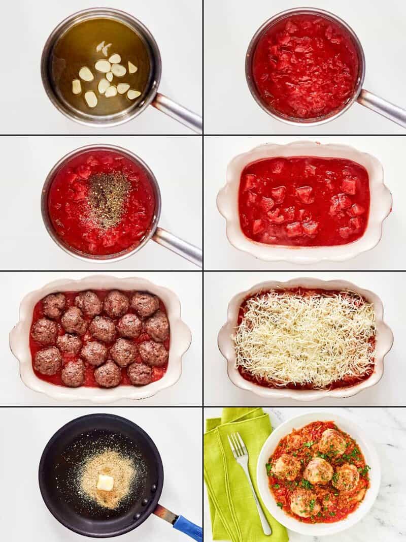 An 8-panel collage shows making meatball parmigiana: simmering sauce, adding meatballs to a dish, topping with cheese, and serving.