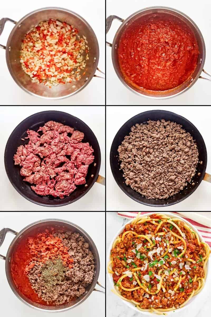 A six-panel collage showing how to make spicy three-meat sauce. The first panels show vegetables and tomatoes simmering in a pot, while the next panels show the meat being browned. The final panels show the meat being added to the sauce and the finished dish served with pasta.