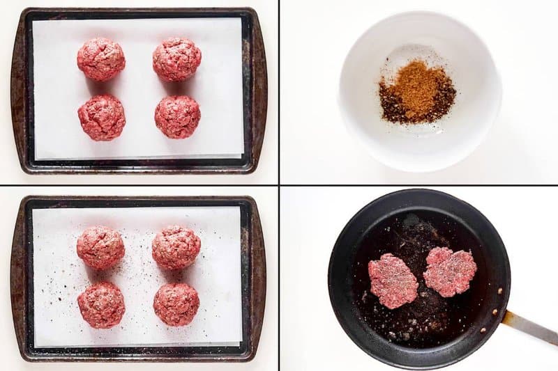 A 4-panel collage shows how to make smash burgers: forming meat balls, seasoning them, and smashing them flat in a hot skillet.
