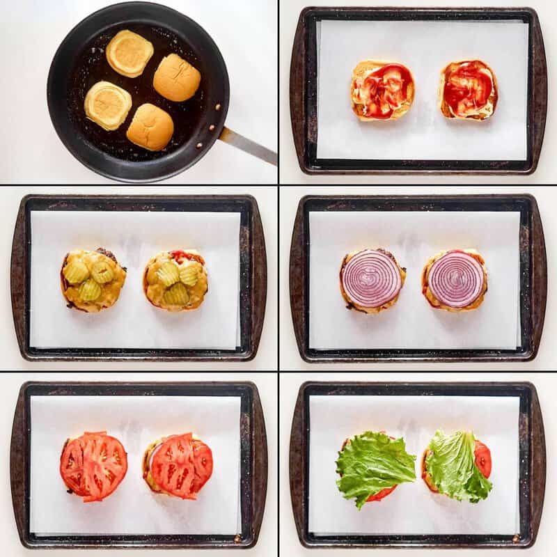 A 6-panel collage shows the steps for assembling a copycat smash burger: toasting the bun and layering on sauces, pickles, onion, tomato, and lettuce.