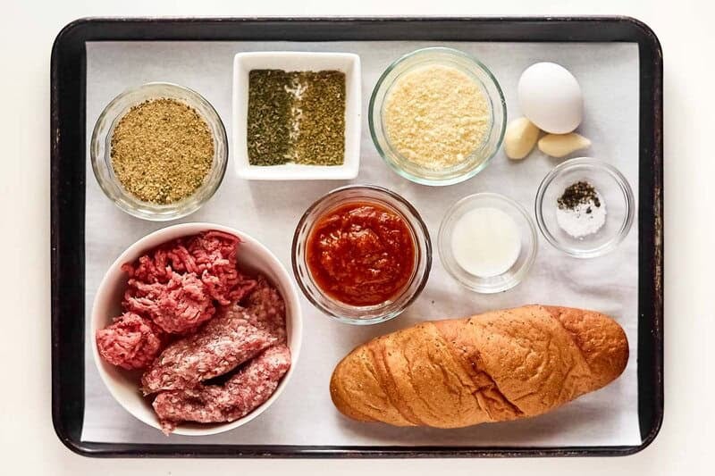 Copycat Subway meatball sub ingredients on a tray.