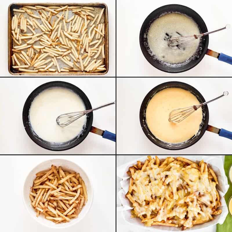 Collage showing Voodoo Fries steps: baking fries, making cheese sauce, and then assembling the cheesy, seasoned fries.