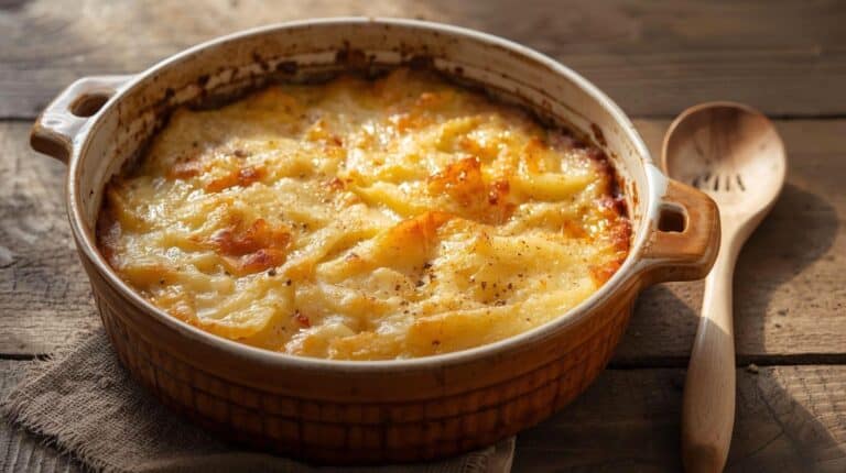 A creamy potato casserole with golden topping served in a worn baking dish beside a wooden spoon.