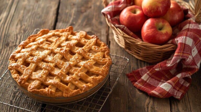 A rustic apple pie cooling on a wooden table beside a basket of apples and a plaid cloth.